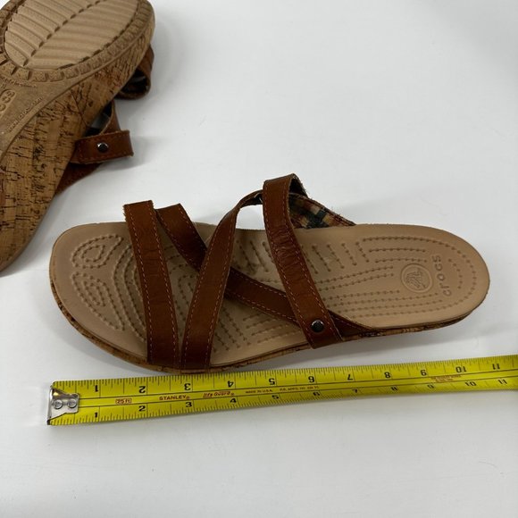 Crocs Sandals Brown Leather A-Leigh Cork Low Wedge Size 8 Slip On - Picture 7 of 11